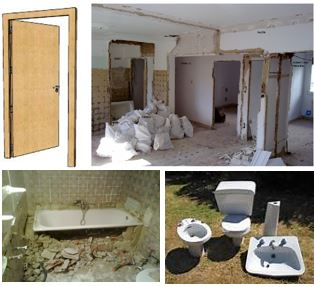Demolición de tabiques y levantado de aparatos sanitarios Demoliciones varias con sacos de escombros apilados, demolición tabiques, bañera y aparatos sanitarios.