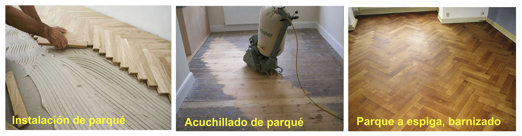 Arcolínea: Instalador instalando parqué de espiga pegado, acuchillado y barnizando el parqué