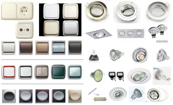 Imágenes con mecanismos de puntos de luz, enchufes, halógenos, led, downlaigh, etc. Mecanismos varios que usan nuestros electricistas, llaves, enchufes, halógenos, Led.