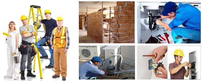 Varios oficios nos muestran su oficio mientras trabajan. Arcolínea: Oficios, obras y reformas. Seis fotografías donde varios oficios nos muestran su trabajo. Pintores, electricistas, aire acondicionado y albañilería ejecutando tabiques de ladrillo