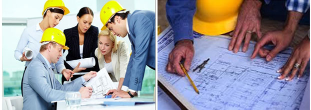 Técnicos y profesionales llevando a cabo labores de control de obra. Arcolínea: Oficios, obras y reformas. Dos fotografías con técnicos, aparejadores y arquitectos, realizando labores de revisión y control en obra