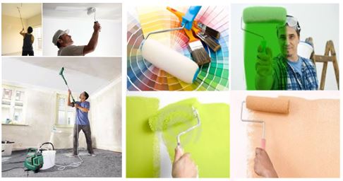 Pintando paredes y techo con rodillos, en blanco y colores varios Arcolínea: Oficiales pintores pintando paredes y techos con rodillos, en blanco y colores varios