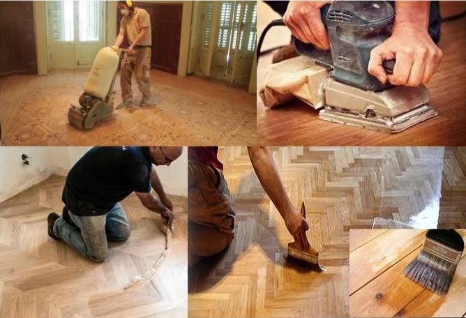 Arcolínea: Oficiales acuchillando y barnizando parqué y tarima